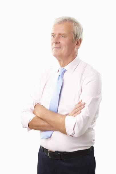Portrait of a senior man standing with arms crossed at isolated white background with copy space.  - 写真・画像