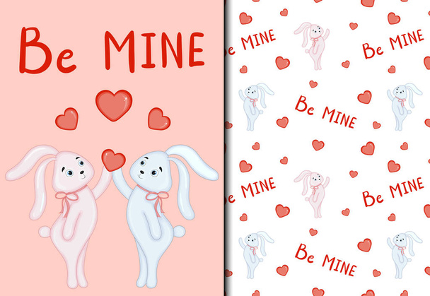 Valentine's Day set of pattern and postcard with cute bunnies. Cartoon style. Vector illustration. - Vektor, kép
