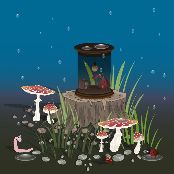 Een cartoon kakkerlak zit op een kruk en kijkt TV in een glazen pot met een gloeilamp. In het bos, tussen het groene gras en de paddenstoelen met insecten, regent het. - Vector, afbeelding