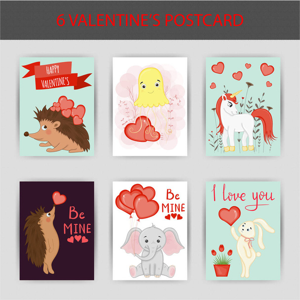 Valentine's Day set of postcards. Cartoon style. Vector illustration. - Vettoriali, immagini