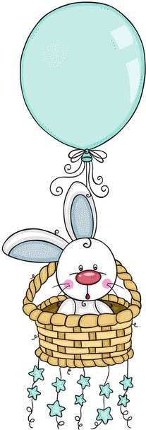 Мальчик-кролик летит на плетеной корзине с воздушным шаром и звездами
 - Вектор,изображение