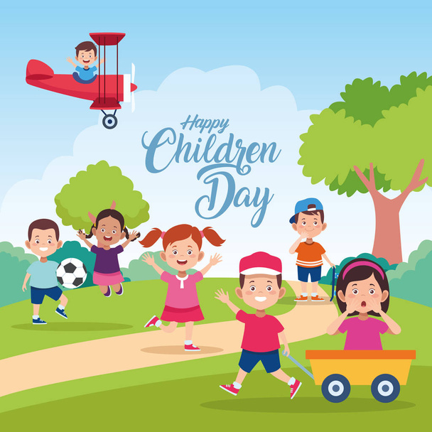 happy children day celebration with kids playing in the field - Vector, Image