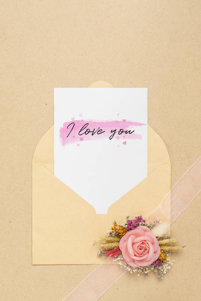 Mockup card and envelop on white wood with I love you text and k - Photo, Image