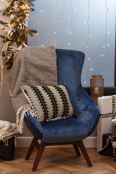 Blue chair with christmas decoration - Zdjęcie, obraz