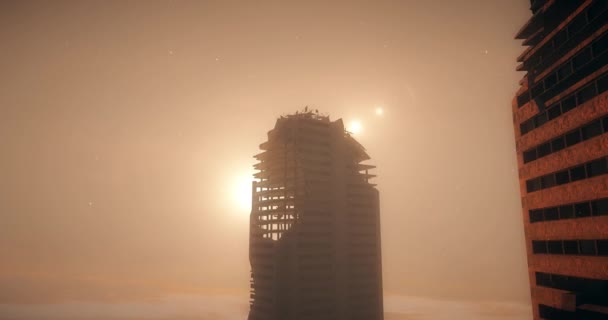 Cidade do Apocalipse em nevoeiro. Vista aérea da cidade destruída. Conceito do Apocalipse. Animação 4k super realista
. - Filmagem, Vídeo