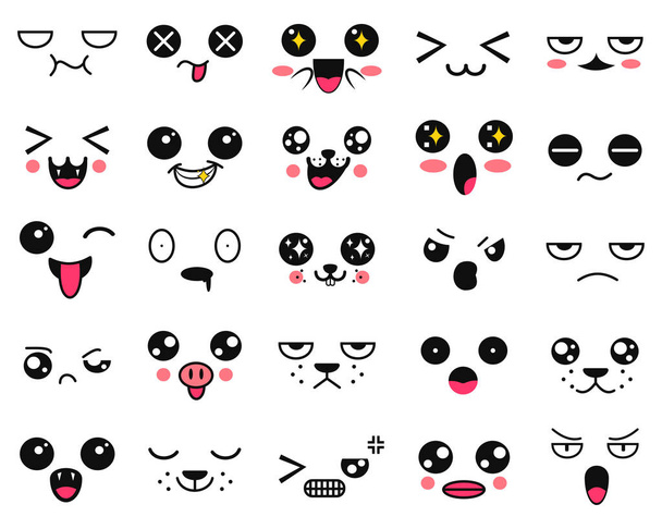 Kawaii schattige gezichten. Manga stijl ogen en monden. Grappig cartoon japans emoticon in verschillende uitdrukkingen. Uitdrukking anime karakter en emoticon gezicht illustratie. Achtergrond, Wallpaper. - Vector, afbeelding