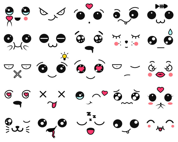 Kawaii cute faces. Manga style eyes and mouths. Funny cartoon japanese emoticon in in different expressions. Expression anime character and emoticon face illustration. Background, Wallpaper. - Vektör, Görsel