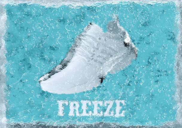Schuh eingefroren in Eiswürfel, auf blauem Hintergrund, 3d-Rendering. - Foto, Bild