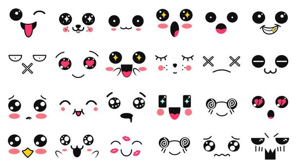 Kawaii schattige gezichten. Manga stijl ogen en monden. Grappig cartoon japans emoticon in verschillende uitdrukkingen. Uitdrukking anime karakter en emoticon gezicht illustratie. Achtergrond, Wallpaper. - Vector, afbeelding