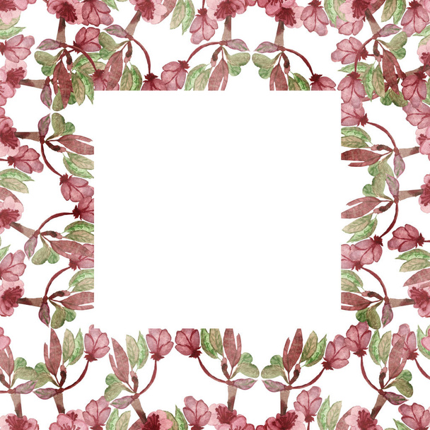 Watercolor hand painted nature floral squared border frame with pink apple blossom flowers and green leaves on the white background for invitation and greeting cards with the space for text - Фото, изображение