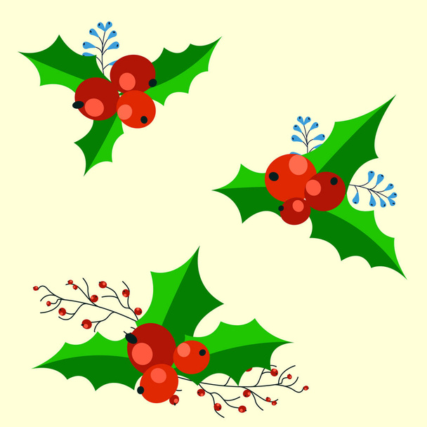 Dekorative Weihnachtselemente: Stechpalme, rote Beeren und dünne Zweige isoliert auf weißem Hintergrund - Vektor, Bild