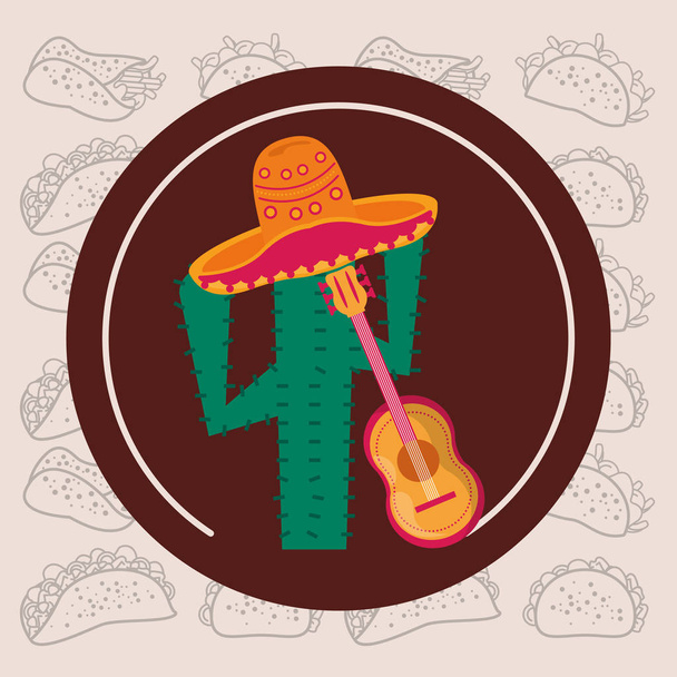 cactus plant with guitar and hat mexican culture - Vector, Image