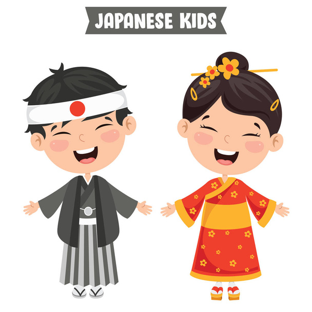 伝統的な服を着た日本人の子供 - ベクター画像
