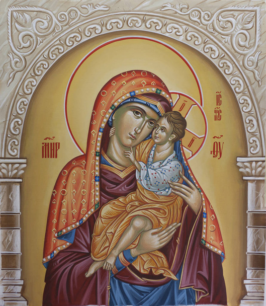 Madre de Dios, Theotokos, con el niño Jesús en sus manos, acrílico sobre lienzo pintura
 - Foto, Imagen