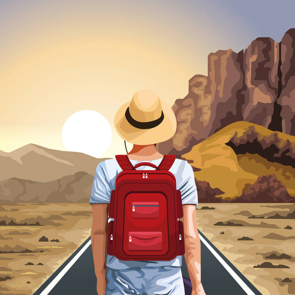 piękny zachodni zachód słońca krajobraz z podróżnikiem człowiek stojący z kapeluszem i czerwonym plecakiem - Wektor, obraz