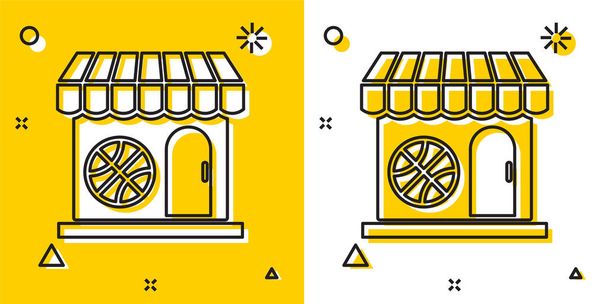 Black Sports shop and basketball ball icon isolated on yellow and white background. Sport store. Random dynamic shapes. Vector Illustration - Vector, Image