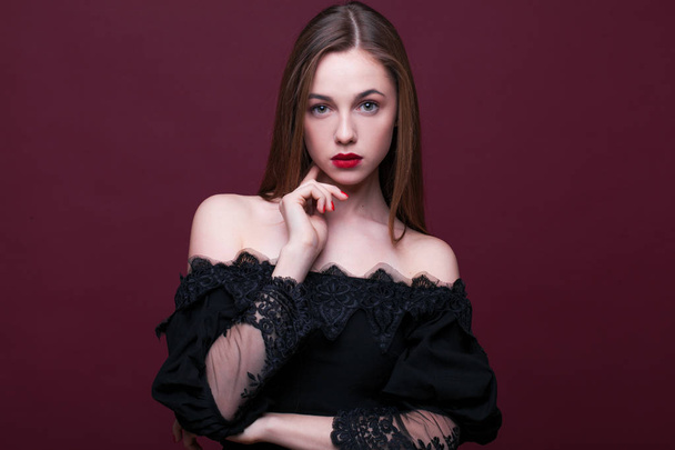 Portrait of a young beautiful girl in black dress  - Zdjęcie, obraz
