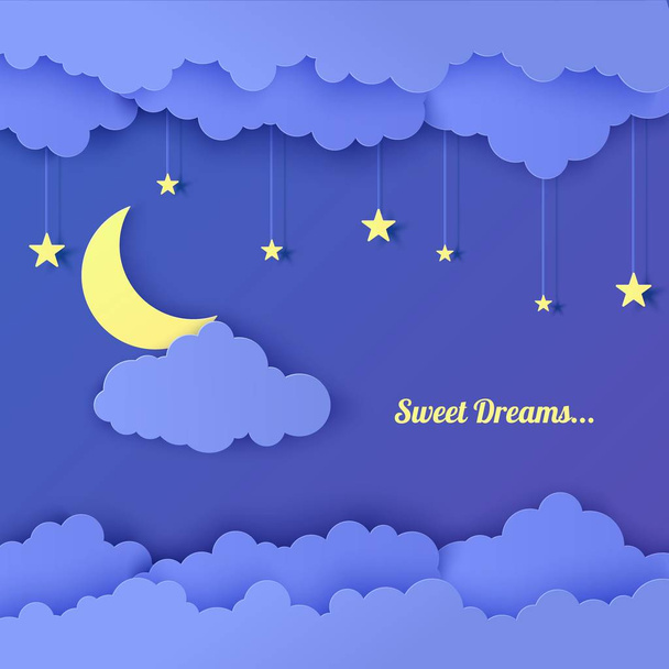 Night sky in paper cut style. 3d background with dark cloudy landscape with stars and moon papercut art. Garland with stars. Cute cardboard origami clouds, vector card for wish good night sweet dreams - Vector, Image