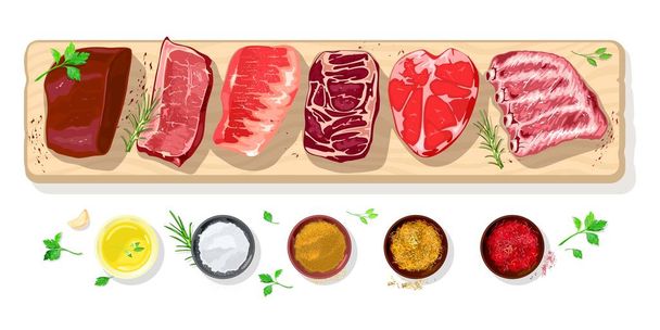 Rote rohe Steaks, Filets und Gewürzreiben, Gewürze für Fleisch. Vektorsatz. - Vektor, Bild