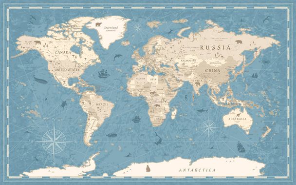 Carte du monde Vintage Old-Style - vecteur - bleu et beige
 - Vecteur, image