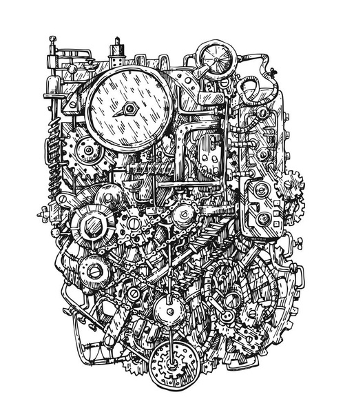 Steampunk mechanism print. Hand drawn vector illustration - Vektör, Görsel