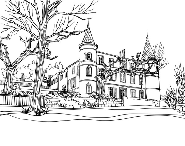 Régi utca a romantikus Provence-ban, Franciaországban. Városi háttér kézzel rajzolt vázlat stílusban. Tintasor rajz.Fekete-fehér vektor illusztráció fehér - Vektor, kép