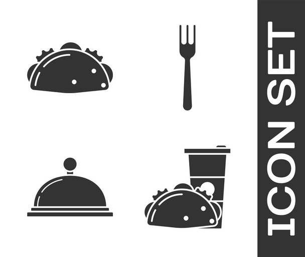 Tortilla ile kağıt bardak ve taco, tortilla ile Taco, bir tepsi yiyecek ve çatal ikonu ile kaplı. Vektör - Vektör, Görsel