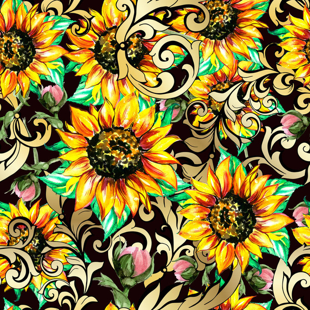 Sunflowers with poppies acanthus Seamless pattern  - Φωτογραφία, εικόνα