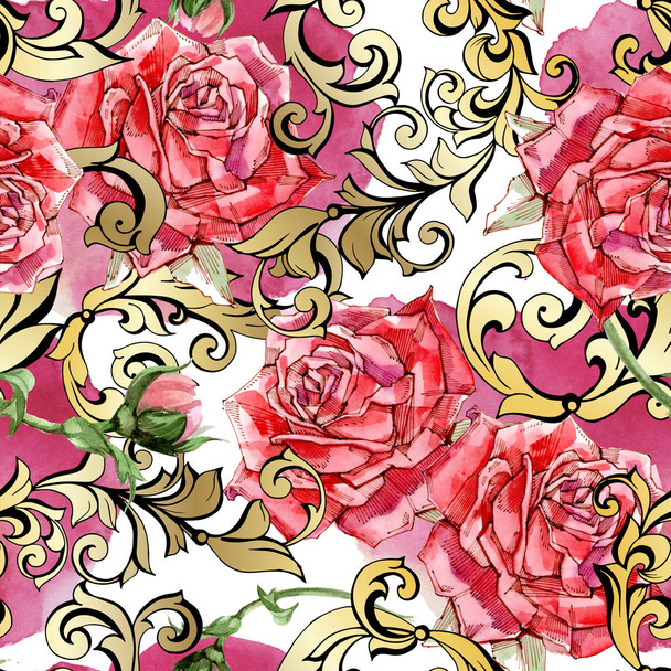 赤い水彩のバラのシームレスパターン - 写真・画像