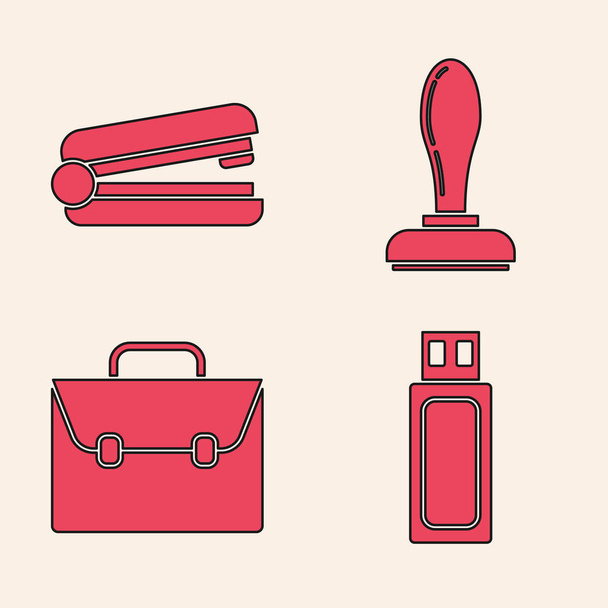 Set USB flash drive, Office stapler, Stamp and Briefcase icon. Vector - Вектор, зображення