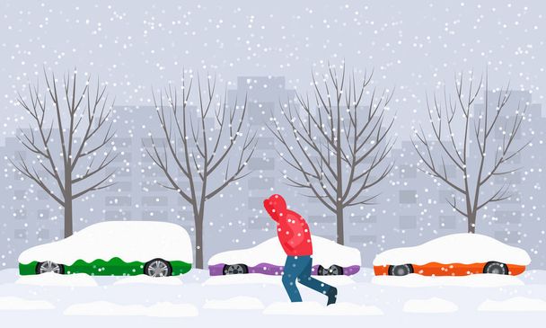 The road in the city swept after heavy snow and hail. parked cars on the street in snowdrifts and snow. - Vector, Image