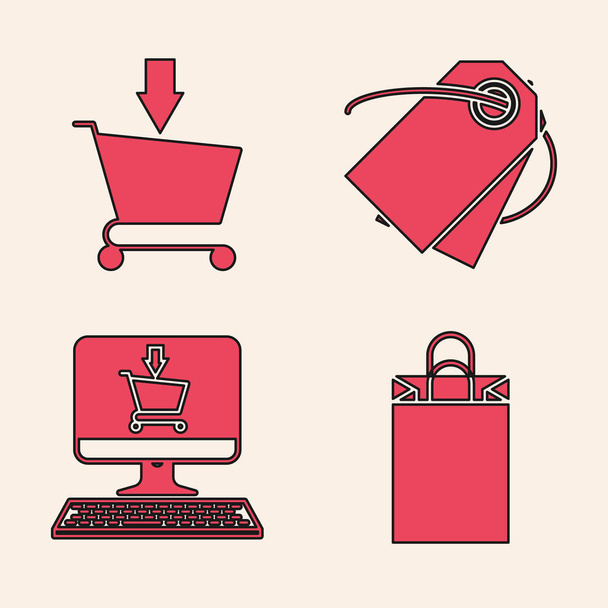 Set Paper shopping bag, Add to Shopping cart, Blank label template price tag and Shopping cart on screen computer icon. Vector - Vector, Image