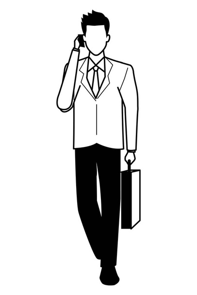 Executive businessman talking on phone and holding briefcase in black and white - Vetor, Imagem