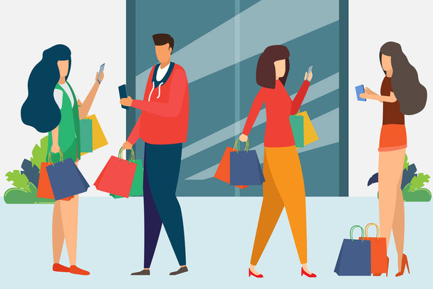 Man and woman is shopping. holding bags shopping goods. Smart sh - Vector, Image