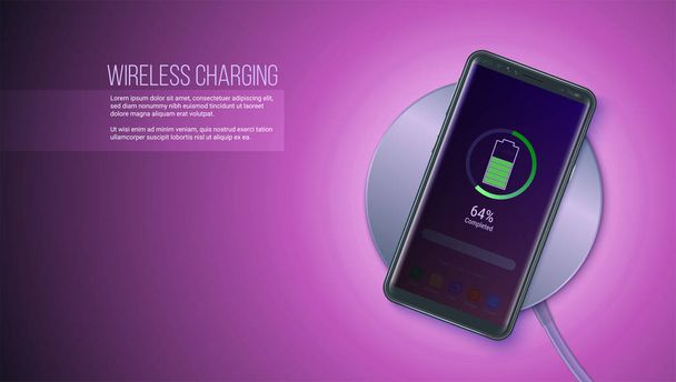 Wireless charging technology concept. Top view. Battery icon and progress charging the battery of the phone lighting on screen of smartphone. 3d vector illustration, EPS10. - Wektor, obraz