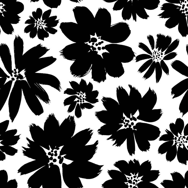Ink drawing flowers hand drawn seamless pattern. Black and white ink brush vector texture. Grunge dry brushstroke drawing.  - Vektör, Görsel