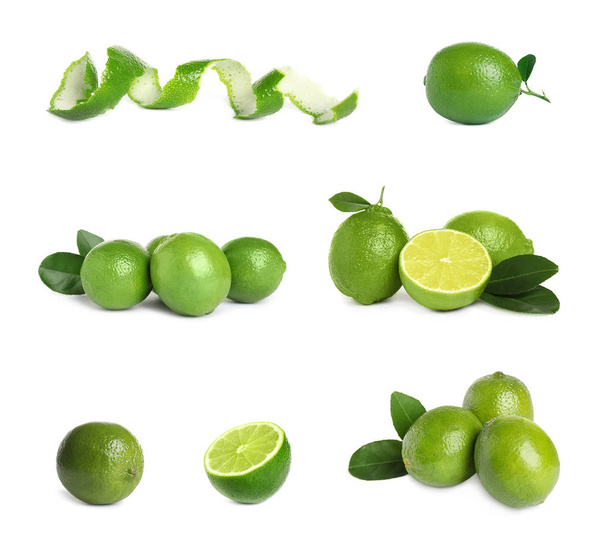 Set of fresh ripe limes on white background - 写真・画像