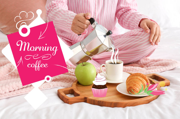 Morning of woman having tasty breakfast in bed - Zdjęcie, obraz