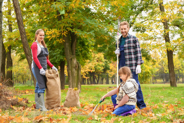 Familie opruimen herfstbladeren buiten - Foto, afbeelding