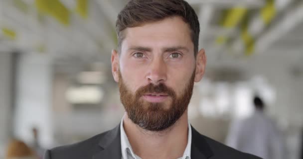 Close up of confident man team boss in suit looking to camera. Portrait of of handsome bearded man in 30s in office workspace. Concept of business and people. Blurred background. - Кадры, видео