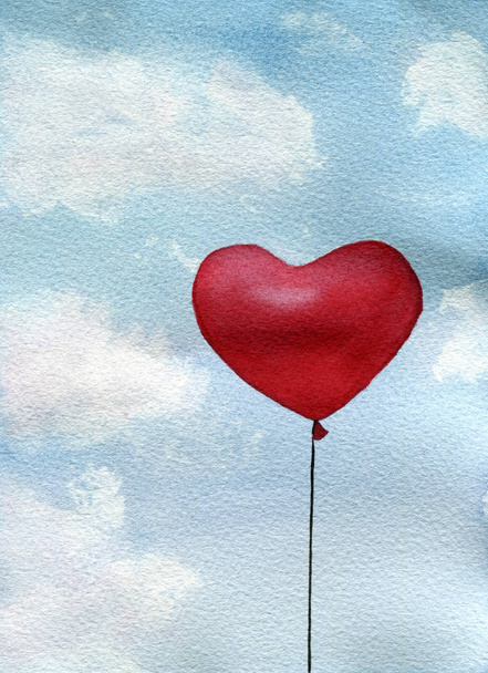 globo rojo del corazón en un cielo azul nublado, ilustración de acuarela para el día de San Valentín, globo rojo en forma de corazón y cielo azul nublado
 - Foto, imagen