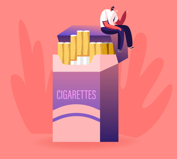 Epäterveellinen tapa, tupakointi nikotiini tupakka riippuvuus käsite. Pieni mies merkki istuu valtava savukerasia ja tupakointi. Mies nauttii tupakoitsijan elämäntyylistä. Sarjakuva tasainen vektori kuvitus
 - Vektori, kuva