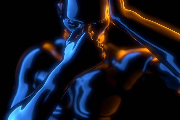 Kranker Mann mit Schmerzen, Kopfschmerzen, Migräne, Stress, Schlaflosigkeit, Kater in der Hand, Kopf in 3D-Illustration von vorne isoliert auf schwarzem Hintergrund. Nahaufnahme - Foto, Bild
