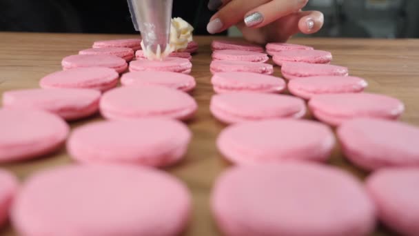 Koken in restaurant, eten en bakken concept. Vrouwelijke chef-kok met snoepgoed zak knijpen crème op macarons schelpen in banketbakkerij. Langzame beweging. Vol hd - Video