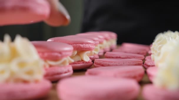Főzés a pékségben, étel és sütés, cukrászda koncepció. Rózsaszín pisztáciás macaront készítek. Macaroons - finom és gyönyörű francia desszert. Teljes hd - Felvétel, videó