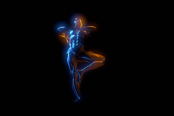 3d man doing yoga exercise in tree pose isolated on black background - Foto, afbeelding