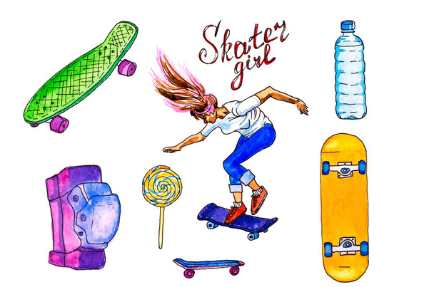 Hand drawn watercolor Skatebaording set: skateboards, jumping girl, bottle of water and knee pad (isolated on white background) - Fotografie, Obrázek