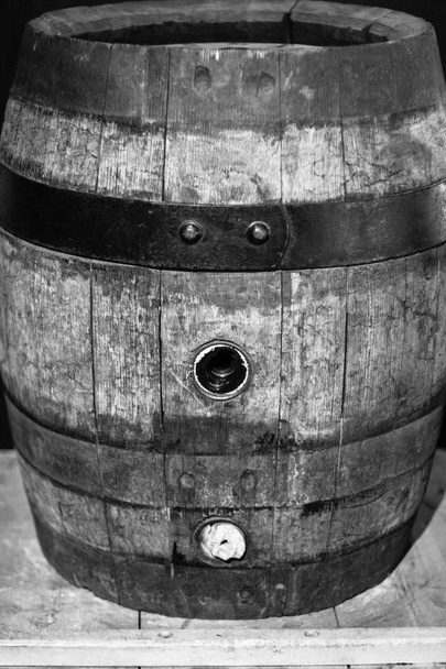 black and white image of old wine barrel - Photo, Image