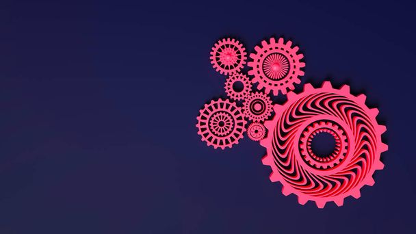 Composition of coral pink gears symbolizing cooperation and teamwork. Business mechanism concept. Place for text. Minimal concept. 3d render. Coral pink gears on dark blue background. - Photo, Image