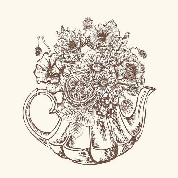 Bouquet of flowers in kettle. Vector illustration. - Vector, afbeelding